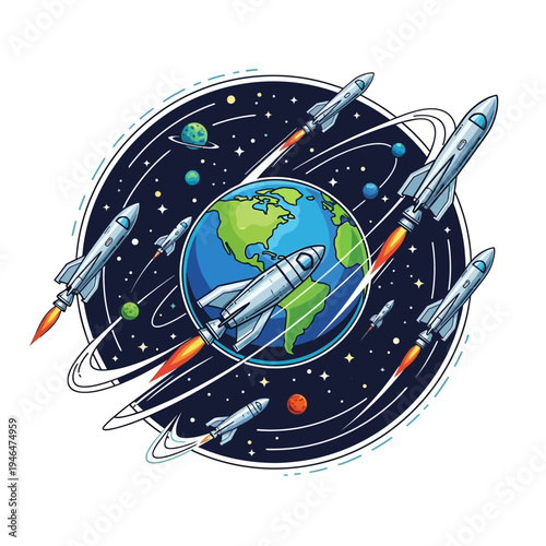 Rockets orbiting the Earth in space.