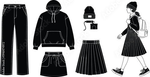 Flat vector illustration of casual school clothing set featuring black hoodie pleated skirt trousers beanie backpack and female student cad drawing silhouette.