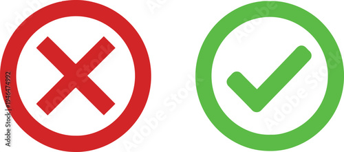 Contrasting symbols of incorrect and correct actions with red cross and green checkmark. Vector