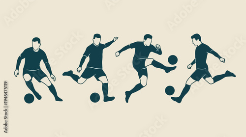 Stylized soccer player illustrations in action, dribbling and kicking