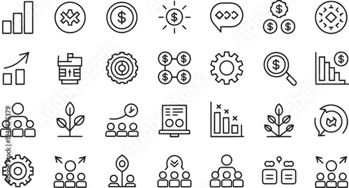 Collection of flat design business and finance icons isolated on transparent background