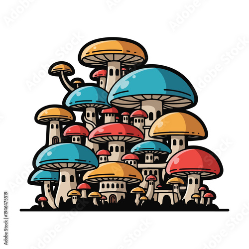 A vibrant cluster of colorful mushroom houses