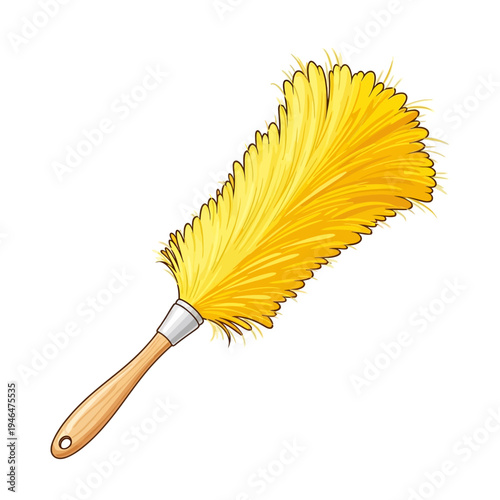 A yellow feather duster with wooden handle.