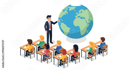 A teacher presents a large globe to a diverse group of students sitting at desks in a classroom setting.