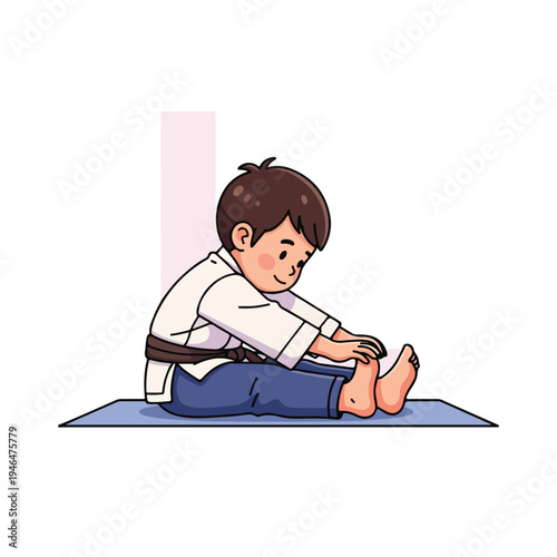 A young boy in a white uniform stretches on a blue mat
