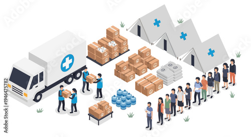 people unloading boxes and supplies from truck.