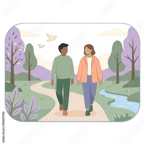 A loving couple walks hand in hand through a serene park with trees and a stream