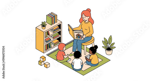Woman reading to children on a mat.