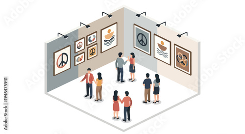 people looking at paintings in gallery.