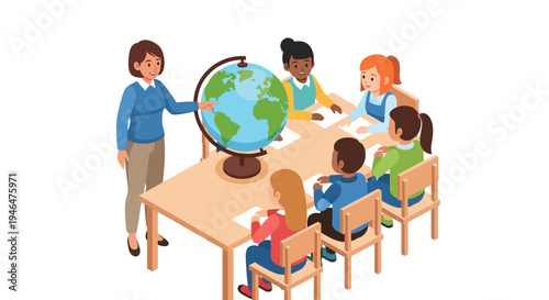 A teacher shows a globe to students sitting around a table in a classroom setting with education materials.