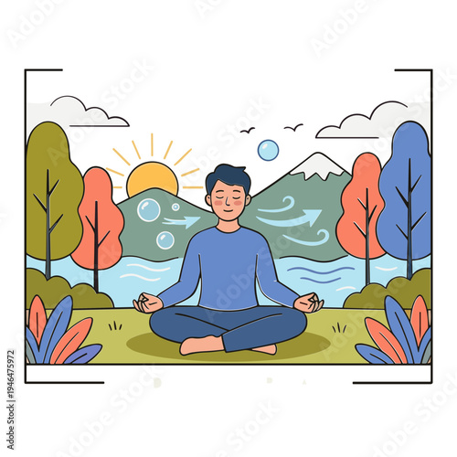Man meditates peacefully in a serene outdoor nature setting with mountains and trees