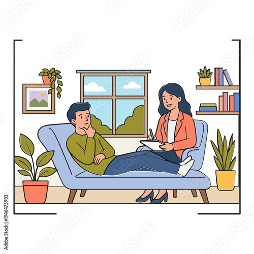 A woman interviews a man on a couch in a cozy living room with plants and books.