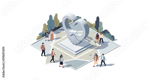 People interacting around a large heart sculpture.