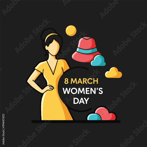 A woman celebrating Women's Day with hat and clouds