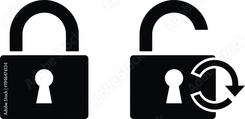 Comparison of locked and unlocked padlocks with a rotation symbol on one lock Vector