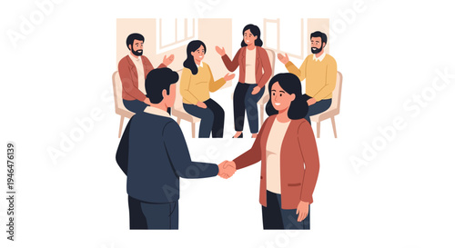 A group of people are sitting and chatting while two individuals are shaking hands in a business meeting.