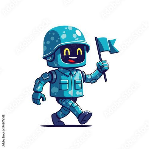Smiling artificial intelligence soldier robot character marching forward proudly with a flag, vector illustration.