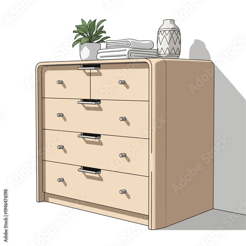 A beige chest of drawers with decorative items on top.