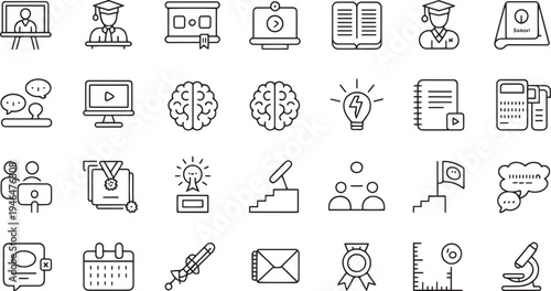 Collection of flat design education and technology icons isolated on transparent background
