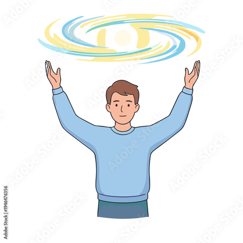 A man throwing swirling yellow and blue lines upwards in excitement outdoors