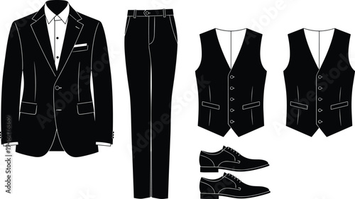 Formal mens suit set featuring blazer trousers waistcoat dress shoes and shirt cad drawing flat vector illustration for professional business fashion