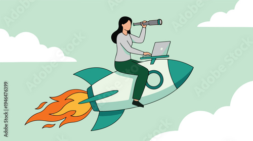 Businesswoman flying on a rocket with a telescope and laptop, future vision