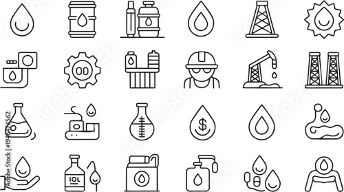 Oil industry icon set. Contain icons related to petroleum, drilling rig, refinery, fuel production, energy industry, and more. Editable stroke. Vector Illustration.