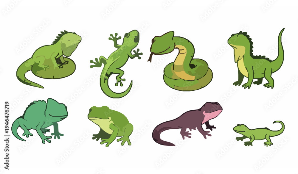 Obraz premium Cute cartoon reptiles and amphibians animals iguana gecko snake vector set