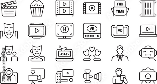 Collection of flat design entertainment and technology icons isolated on transparent background