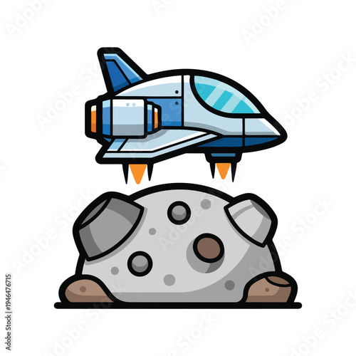 A spaceship hovering above a gray asteroid