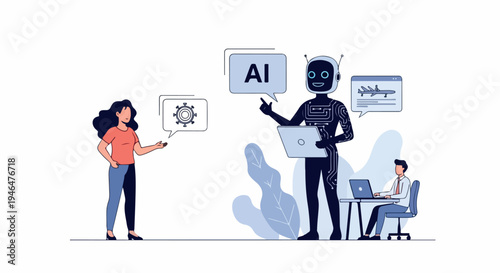 Artificial intelligence robot interacting with a woman and a man working on a laptop, representing modern AI technology and human collaboration in business vector illustration. isolated PNG with
