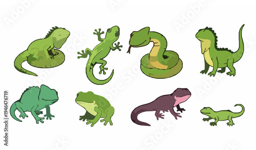 Cute cartoon reptiles and amphibians animals iguana gecko snake vector set