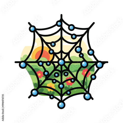 A spiderweb with blue dewdrops in a field with flowers