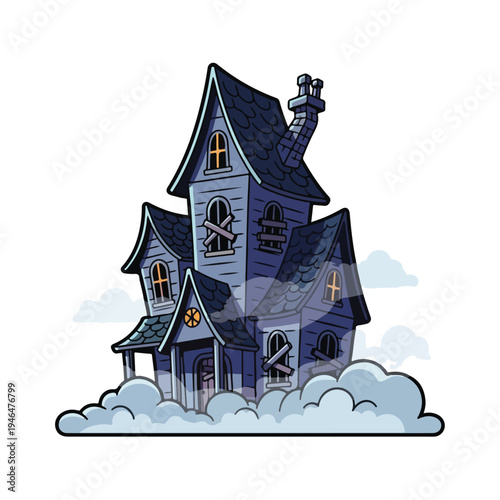A spooky blue house sits on clouds