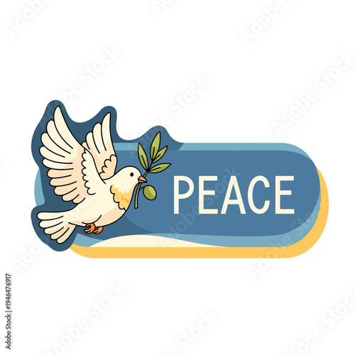 Flying Dove Delivering Olive Branch with 'Peace' Text Banner - Symbol of Hope Vector Illustration