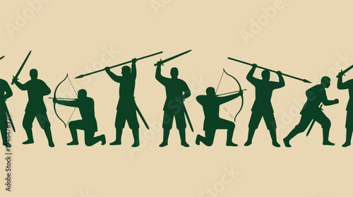 Ancient warrior silhouettes with swords, spears, and bows in combat poses