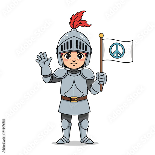 Cheerful Child Knight Waving and Holding a Peace Flag, Promoting Harmony and Goodwill