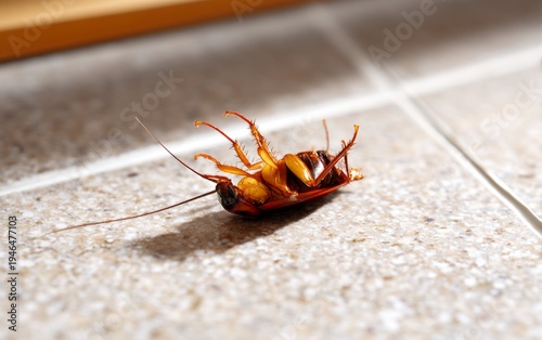 Dead Cockroach Exterminated with Insecticide on a Kitchen Floor Surface