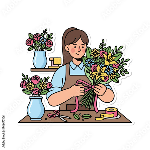 A woman in an apron arranging a colorful bouquet