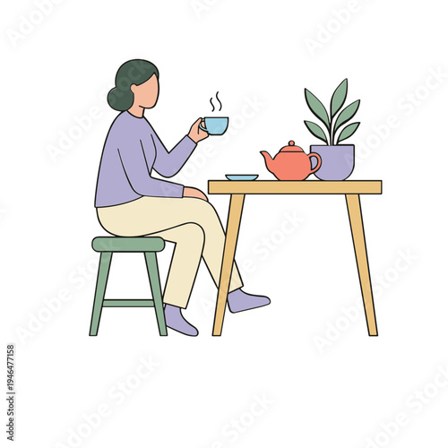 Woman sitting alone at a table drinking tea with a plant