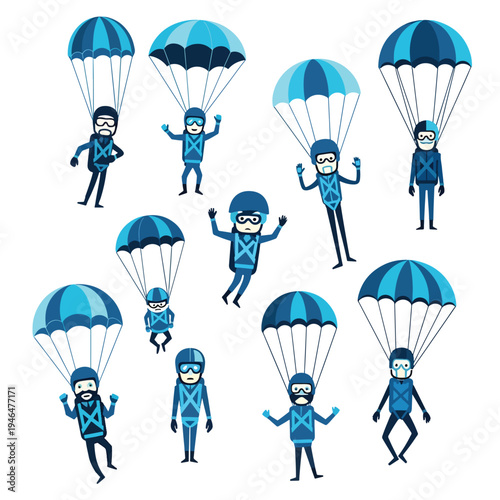Joyful Parachutists Soaring Through the Sky with Open Canopies Vector Graphic Set