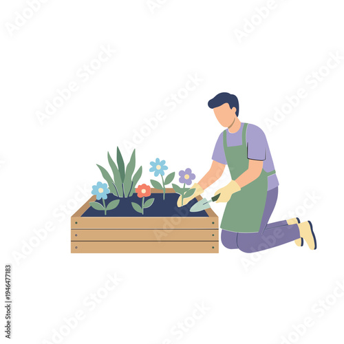 A man kneels beside a wooden planter box, tenderly planting colorful flowers and lush green plants.