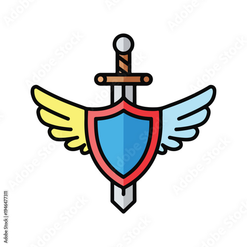 A sword pierces a shield with wings
