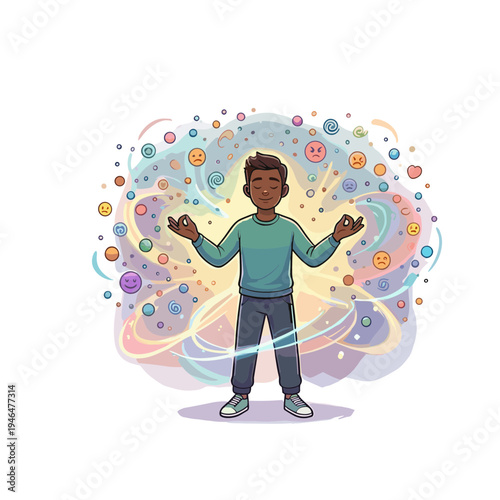 A man stands surrounded by colorful swirling shapes and emojis.