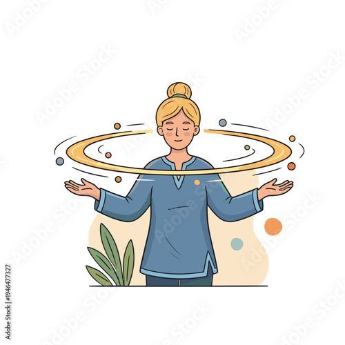 Woman spinning hula hoop around head with palms up outdoors