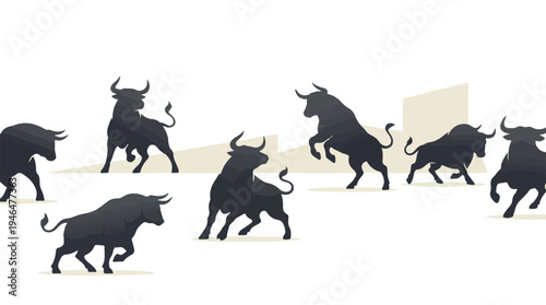 Charging bull silhouettes symbolizing power, strength, and financial market growth