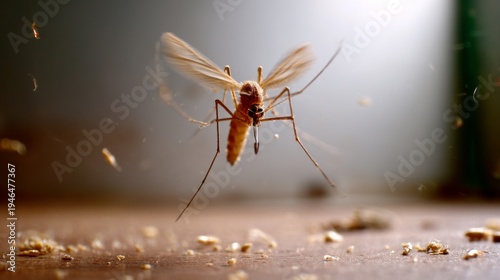 Close-Up of Flying Mosquito Being Exterminated with Insecticide Pesticide