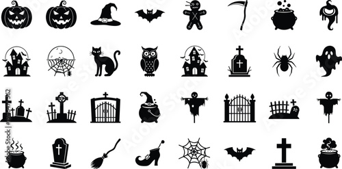 halloween icon set, spooky holiday symbols collection, pumpkin bat ghost witch hat graveyard spider web, cad drawing flat vector illustration