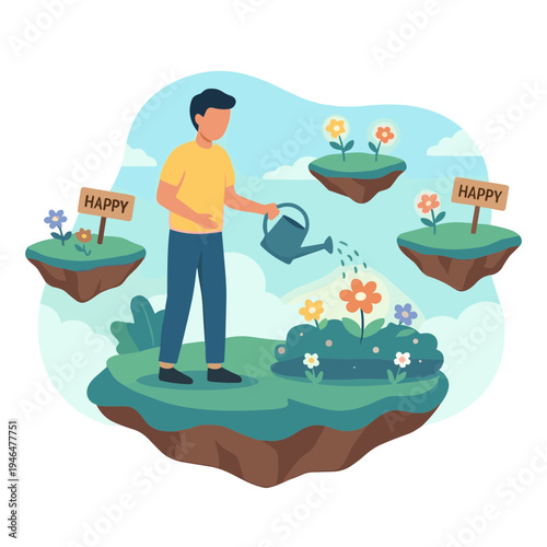 Man watering floating plants with happiness signs in the air.