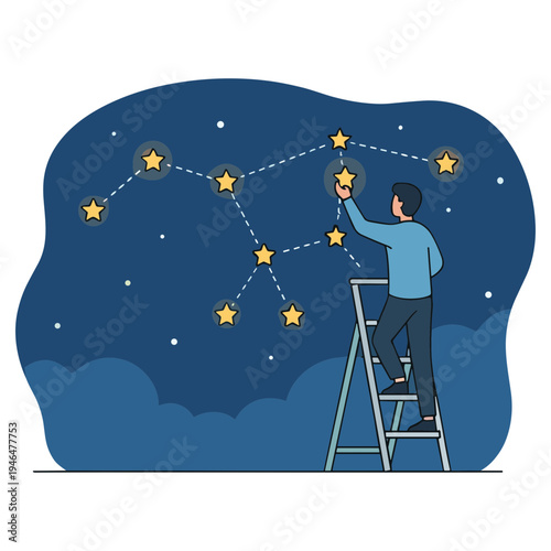 A man on a ladder connects stars to form a constellation in the night sky.